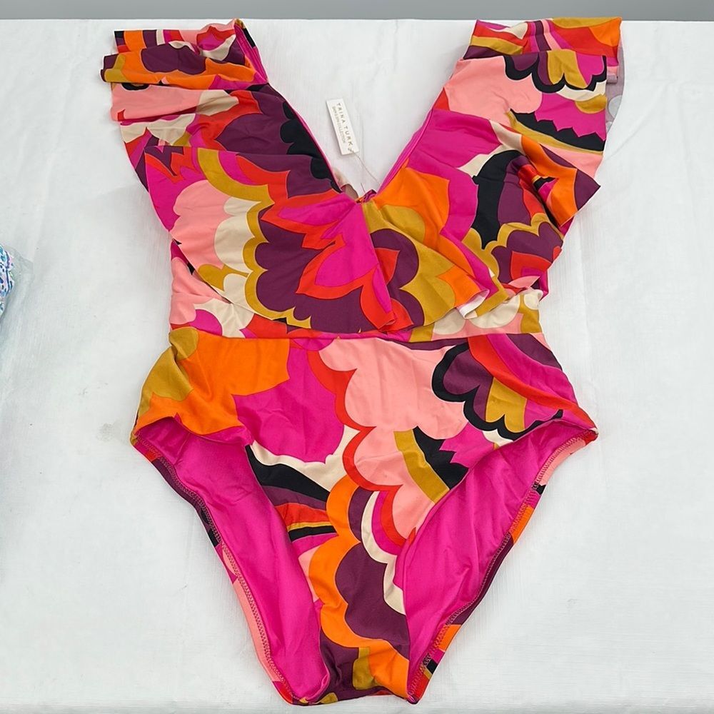 Trina Turk Swimsuit Wm 10 Ruffle Tie Back Bold Print Orange Pink One Piece New